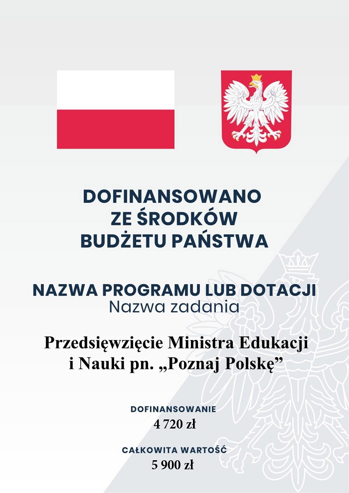 nazwa projektu „POZNAJ POLSKĘ” Gmina Podedwórze uzyskała dofinansowanie w wysokości 4 720 zł  