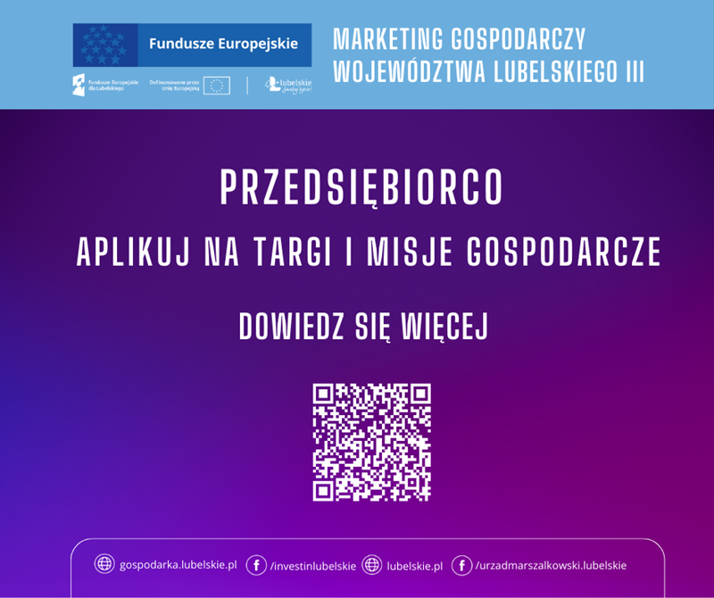 Plakat z kodem qr - PRZEDSIĘBIORCO APLIKUJ NA TARGI I MISJE GOSPODARCZE FB