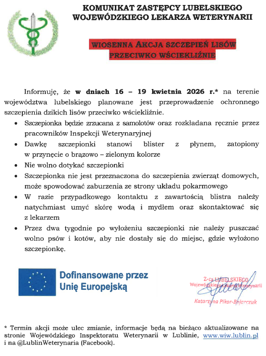WIOSENNA AKCJA SZCZEPIEŃ LISÓW PRZECIWKO WŚCIEKLIŽNIE