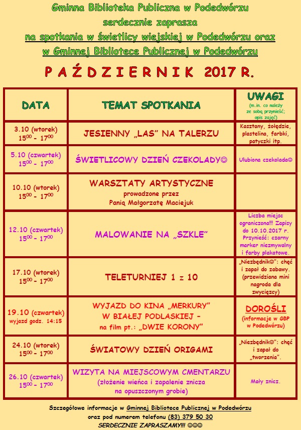 Harmonogram październik 2017